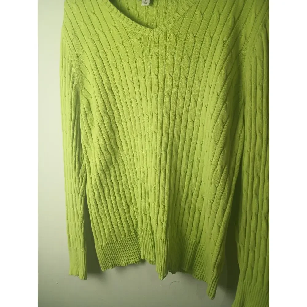 Vtg Green Cable‎ Knit Tennis Sweater Women's St John's Bay V Neck Pull over 1X